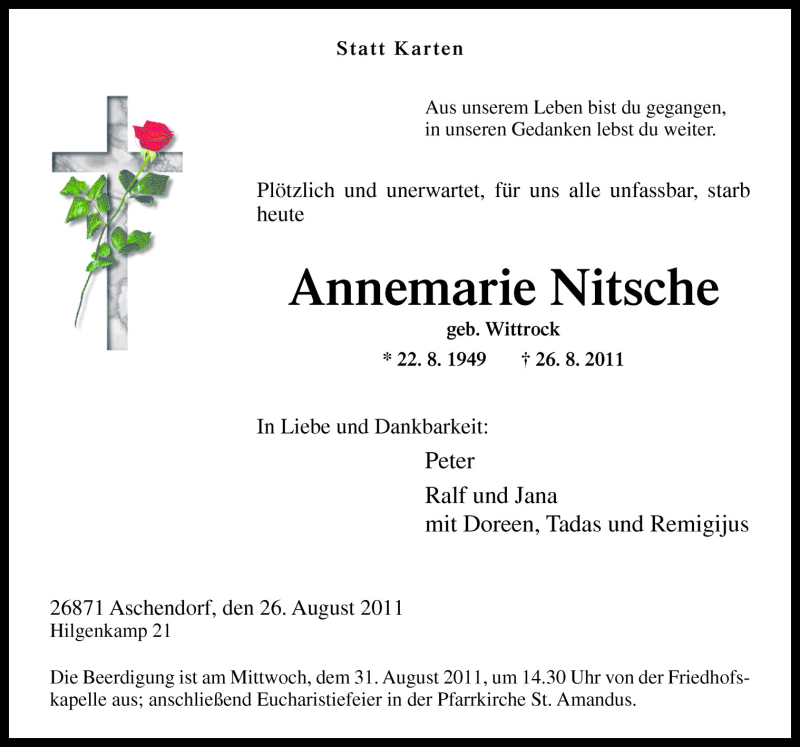  Traueranzeige für Annemarie Nitsche vom 29.08.2011 aus Neue Osnabrücker Zeitung GmbH & Co. KG