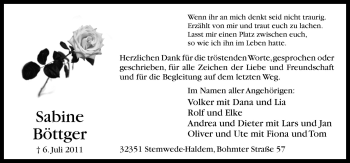 Traueranzeigen von Sabine Böttger | noz Trauerportal