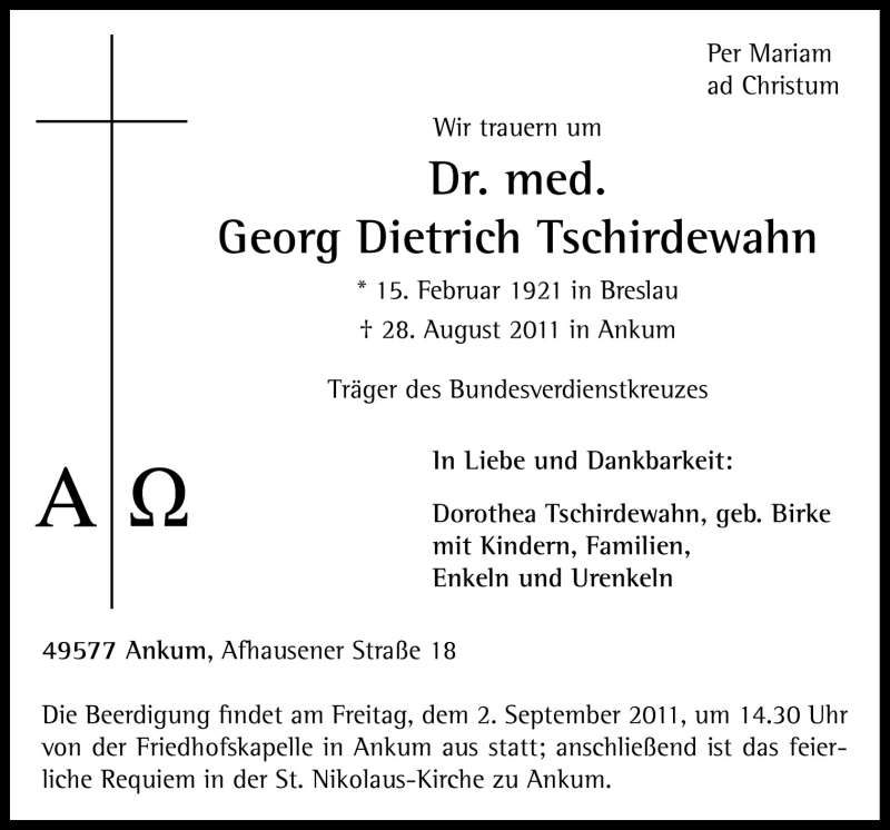  Traueranzeige für Georg Dietrich Tschirdewahn vom 30.08.2011 aus Neue Osnabrücker Zeitung GmbH & Co. KG