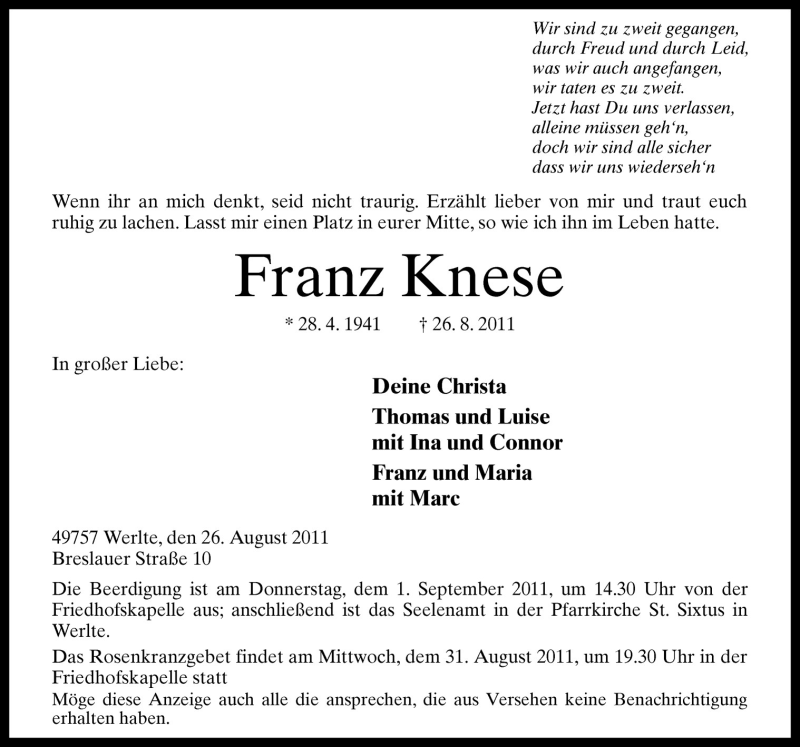  Traueranzeige für Franz Knese vom 30.08.2011 aus Neue Osnabrücker Zeitung GmbH & Co. KG