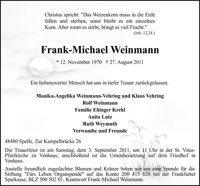  Traueranzeige für Frank-Michael Weinmann vom 31.08.2011 aus Neue Osnabrücker Zeitung GmbH & Co. KG