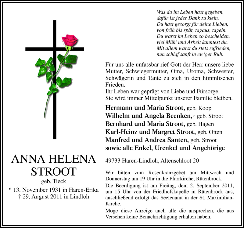  Traueranzeige für Anna Helena Stroot vom 31.08.2011 aus Neue Osnabrücker Zeitung GmbH & Co. KG