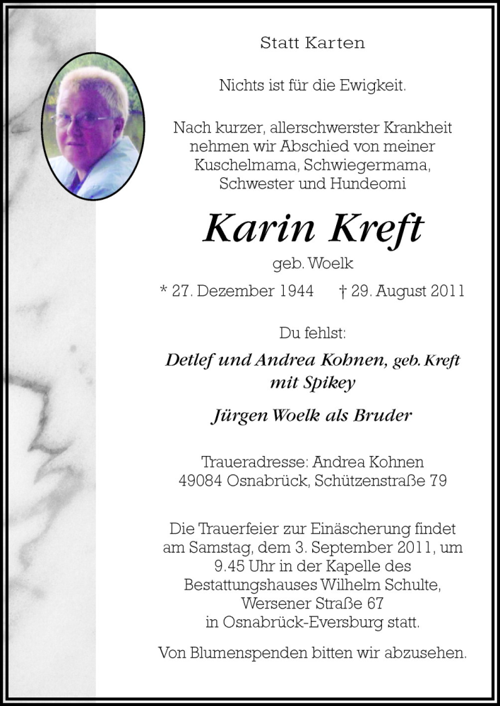  Traueranzeige für Karin Kreft vom 31.08.2011 aus Neue Osnabrücker Zeitung GmbH & Co. KG