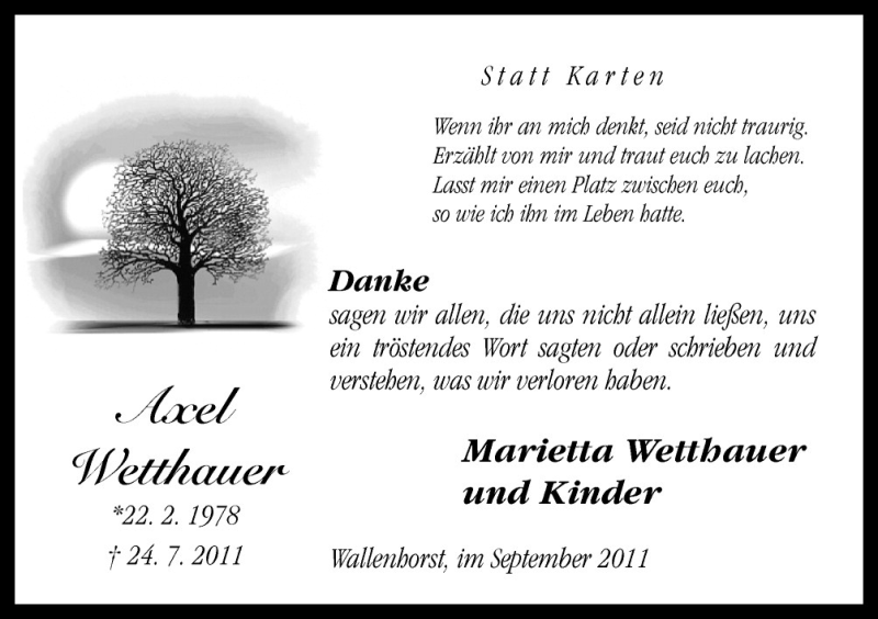  Traueranzeige für Axel Wetthauer vom 03.09.2011 aus Neue Osnabrücker Zeitung GmbH & Co. KG