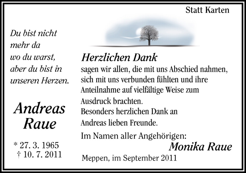  Traueranzeige für Andreas Raue vom 01.09.2011 aus Neue Osnabrücker Zeitung GmbH & Co. KG