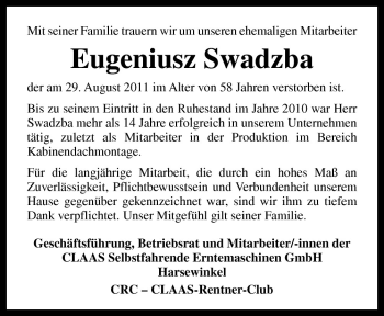 Traueranzeige von Eugeniusz Swadzba von Neue Osnabrücker Zeitung GmbH & Co. KG