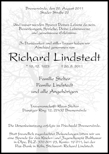 Traueranzeige von Richard Lindstedt von Neue Osnabrücker Zeitung GmbH & Co. KG