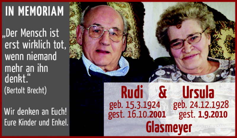  Traueranzeige für Rudi und Ursula Glasmeyer vom 03.09.2011 aus Neue Osnabrücker Zeitung GmbH & Co. KG