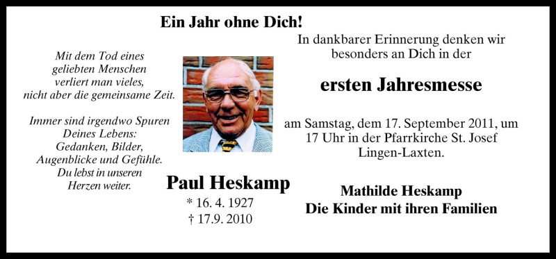  Traueranzeige für Paul Heskamp vom 10.09.2011 aus Neue Osnabrücker Zeitung GmbH & Co. KG