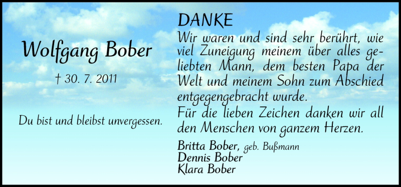  Traueranzeige für Wolfgang Bober vom 03.09.2011 aus Neue Osnabrücker Zeitung GmbH & Co. KG