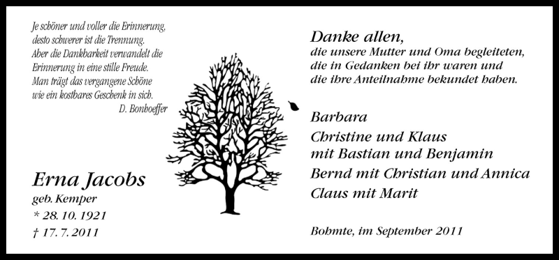  Traueranzeige für Erna Jacobs vom 03.09.2011 aus Neue Osnabrücker Zeitung GmbH & Co. KG