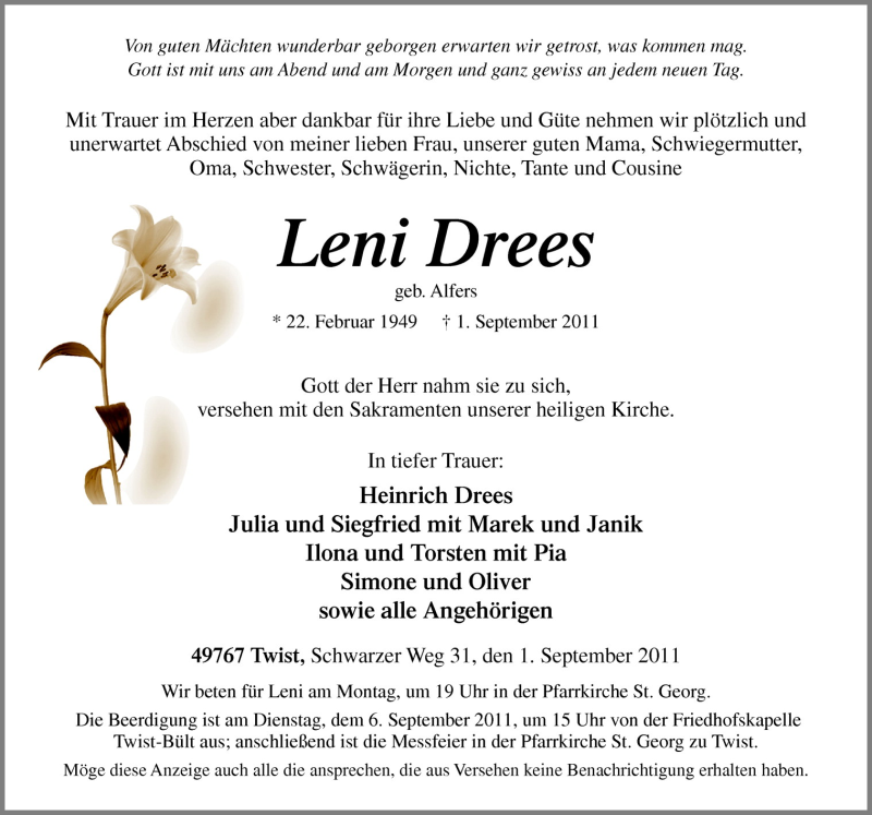  Traueranzeige für Leni Drees vom 03.09.2011 aus Neue Osnabrücker Zeitung GmbH & Co. KG