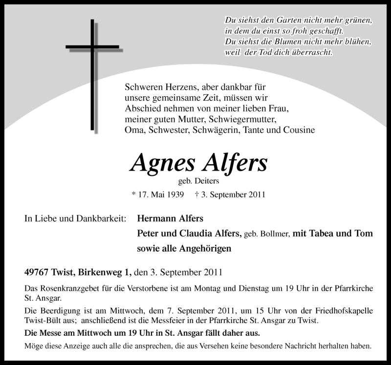  Traueranzeige für Agnes Alfers vom 05.09.2011 aus Neue Osnabrücker Zeitung GmbH & Co. KG