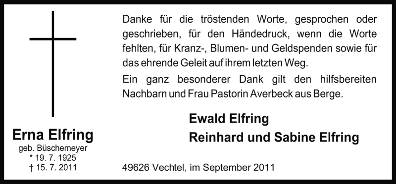  Traueranzeige für Erna Elfring vom 06.09.2011 aus Neue Osnabrücker Zeitung GmbH & Co. KG