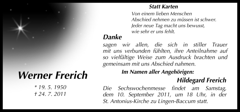  Traueranzeige für Werner Frerich vom 07.09.2011 aus Neue Osnabrücker Zeitung GmbH & Co. KG