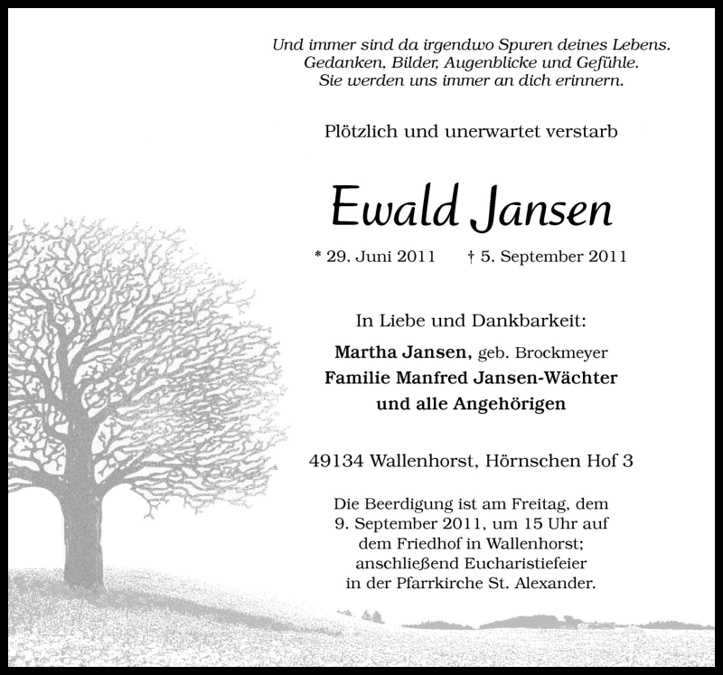  Traueranzeige für Ewald Jansen vom 06.09.2011 aus Neue Osnabrücker Zeitung GmbH & Co. KG