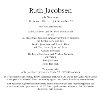 Traueranzeige von Ruth Jacobsen von Neue Osnabrücker Zeitung GmbH & Co. KG