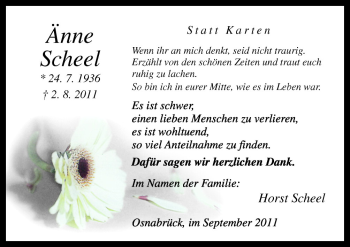 Traueranzeige von Änne Scheel von Neue Osnabrücker Zeitung GmbH & Co. KG