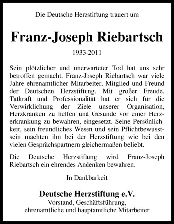 Traueranzeige von Franz-Joseph Riebartsch von Neue Osnabrücker Zeitung GmbH & Co. KG