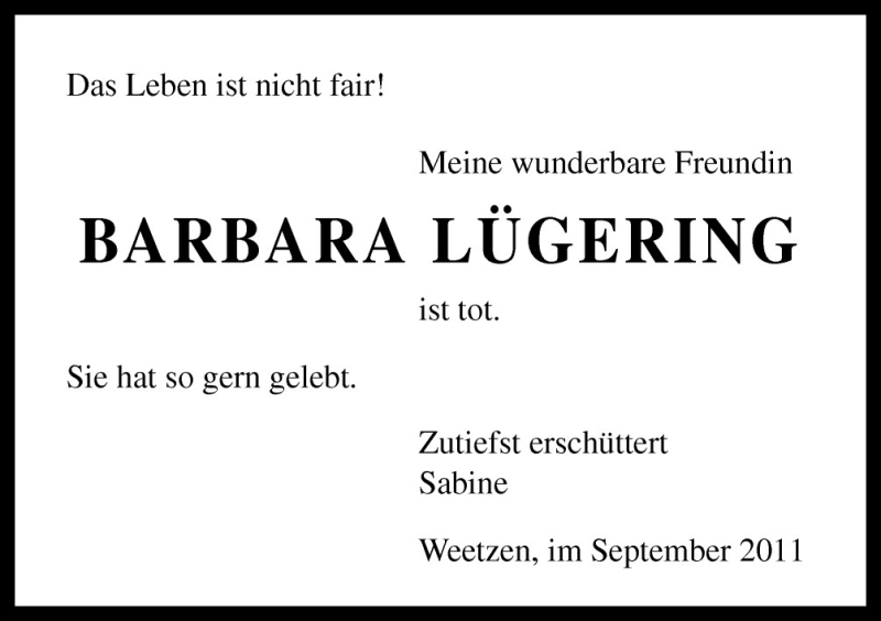  Traueranzeige für Barbara Lügering vom 10.09.2011 aus Neue Osnabrücker Zeitung GmbH & Co. KG