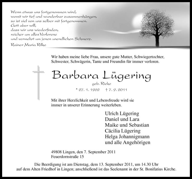  Traueranzeige für Barbara Lügering vom 09.09.2011 aus Neue Osnabrücker Zeitung GmbH & Co. KG