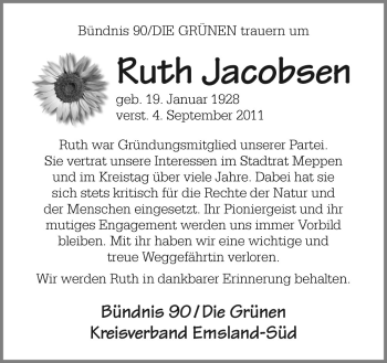 Traueranzeige von Ruth Jacobsen von Neue Osnabrücker Zeitung GmbH & Co. KG