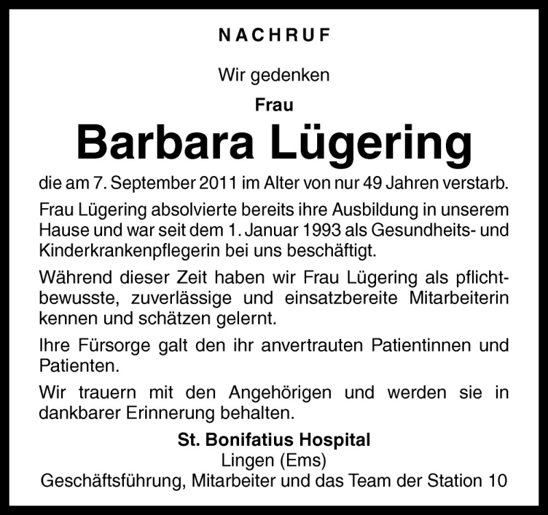  Traueranzeige für Barbara Lügering vom 14.09.2011 aus Neue Osnabrücker Zeitung GmbH & Co. KG