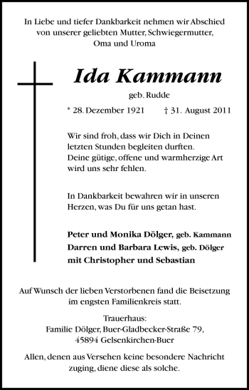 Traueranzeige von Ida Kammann von Neue Osnabrücker Zeitung GmbH & Co. KG
