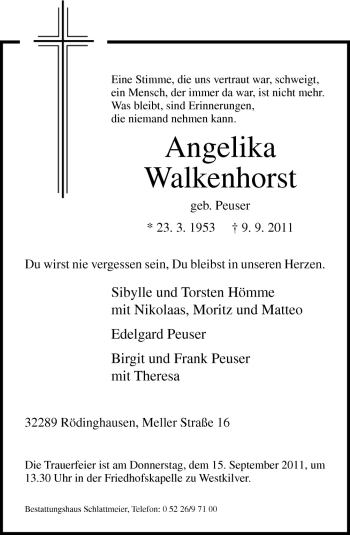 Traueranzeige von Angelika Walkenhorst von Neue Osnabrücker Zeitung GmbH & Co. KG