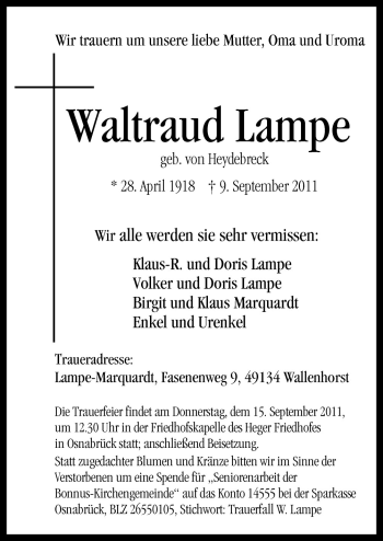 Traueranzeige von Waltraud Lampe von Neue Osnabrücker Zeitung GmbH & Co. KG