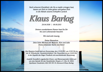 Traueranzeige von Klaus Barlag von Neue Osnabrücker Zeitung GmbH & Co. KG