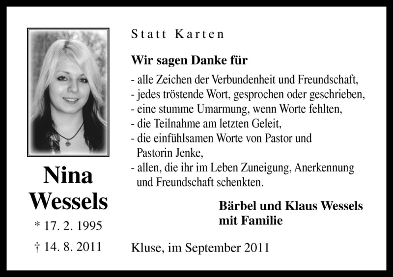  Traueranzeige für Nina Wessels vom 17.09.2011 aus Neue Osnabrücker Zeitung GmbH & Co. KG