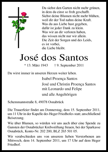 Traueranzeige von Jose dos Santos von Neue Osnabrücker Zeitung GmbH & Co. KG