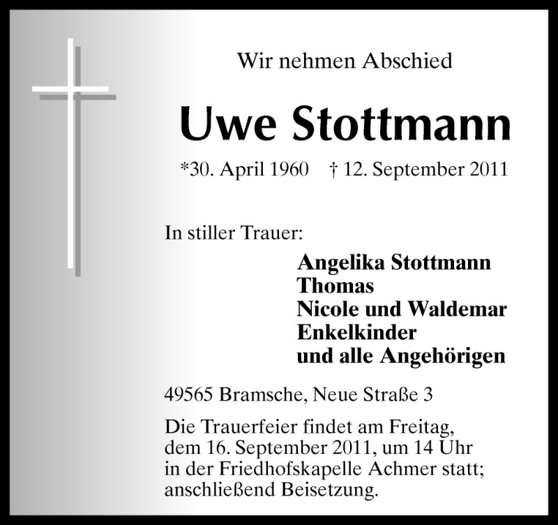  Traueranzeige für Uwe Stottmann vom 14.09.2011 aus Neue Osnabrücker Zeitung GmbH & Co. KG