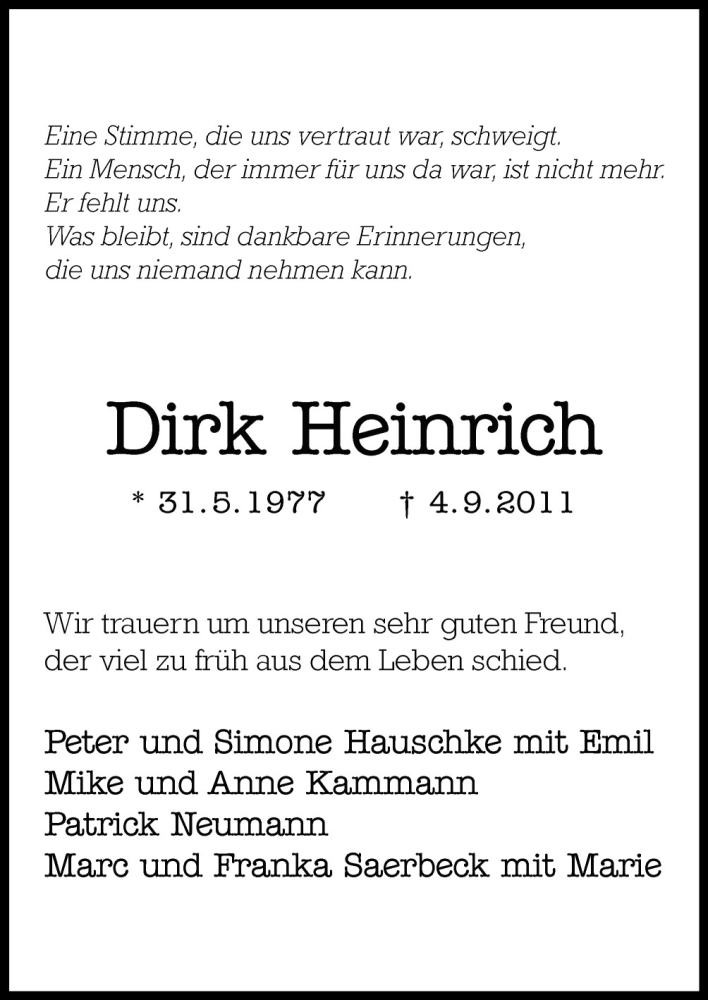  Traueranzeige für Dirk Heinrich vom 17.09.2011 aus Neue Osnabrücker Zeitung GmbH & Co. KG