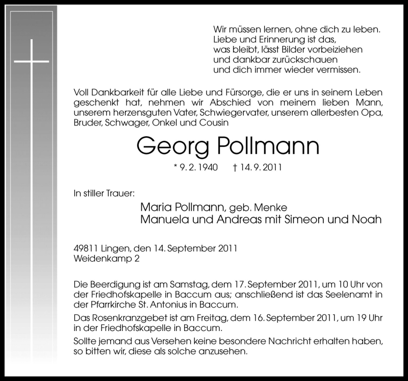  Traueranzeige für Georg Pollmann vom 15.09.2011 aus Neue Osnabrücker Zeitung GmbH & Co. KG