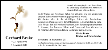 Traueranzeige von Gerhard Brake von Neue Osnabrücker Zeitung GmbH & Co. KG