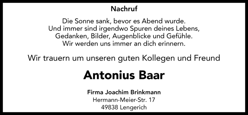  Traueranzeige für Antonius Baar vom 17.09.2011 aus Neue Osnabrücker Zeitung GmbH & Co. KG