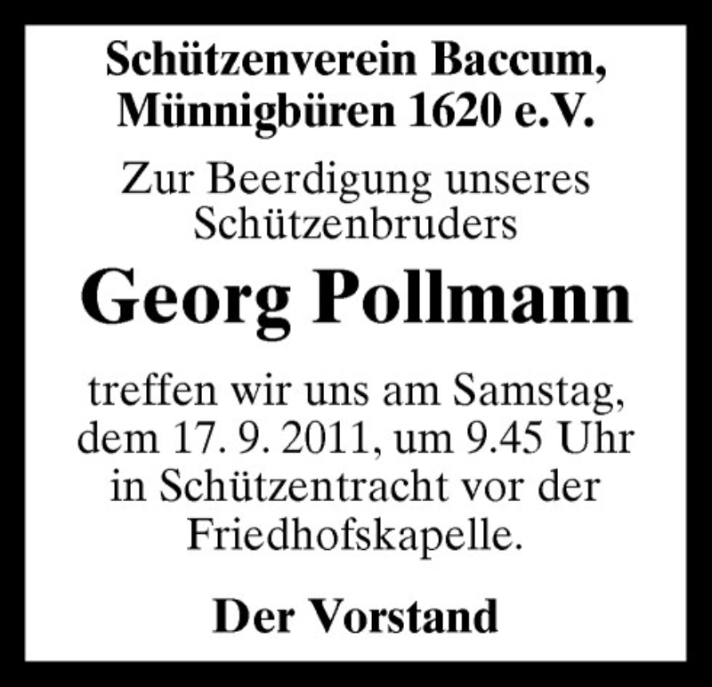  Traueranzeige für Georg Pollmann vom 16.09.2011 aus Neue Osnabrücker Zeitung GmbH & Co. KG