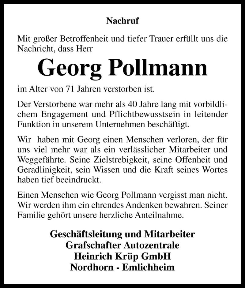  Traueranzeige für Georg Pollmann vom 16.09.2011 aus Neue Osnabrücker Zeitung GmbH & Co. KG