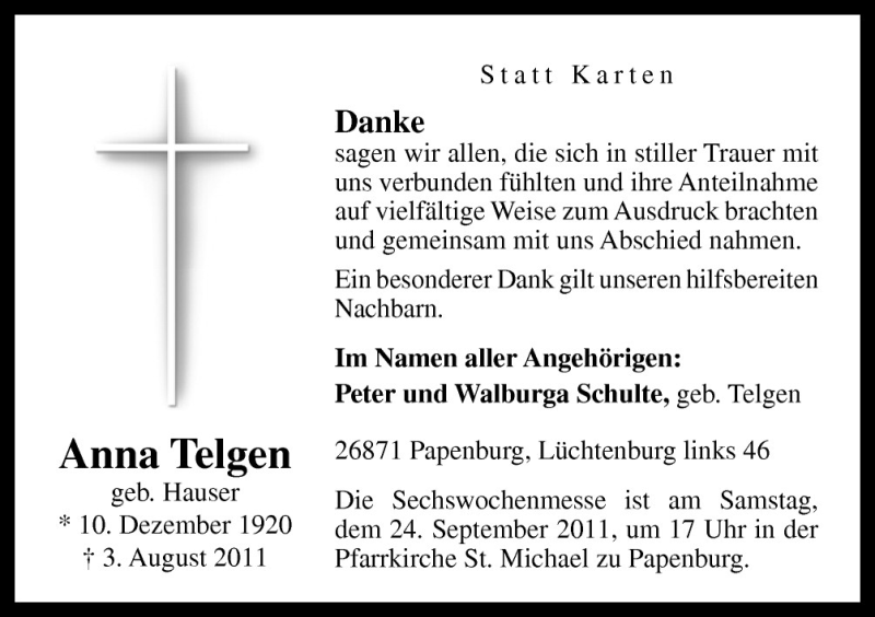  Traueranzeige für Anna Telgen vom 21.09.2011 aus Neue Osnabrücker Zeitung GmbH & Co. KG