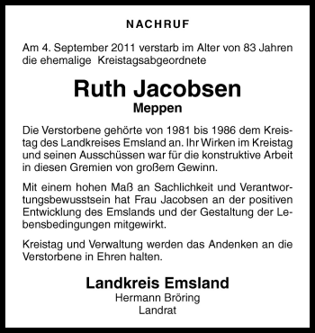 Traueranzeige von Ruth Jacobsen von Neue Osnabrücker Zeitung GmbH & Co. KG