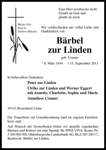 Traueranzeige von Bärbel zur Linden von Neue Osnabrücker Zeitung GmbH & Co. KG