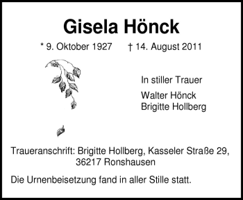 Traueranzeige von Gisela Hönck von Neue Osnabrücker Zeitung GmbH & Co. KG
