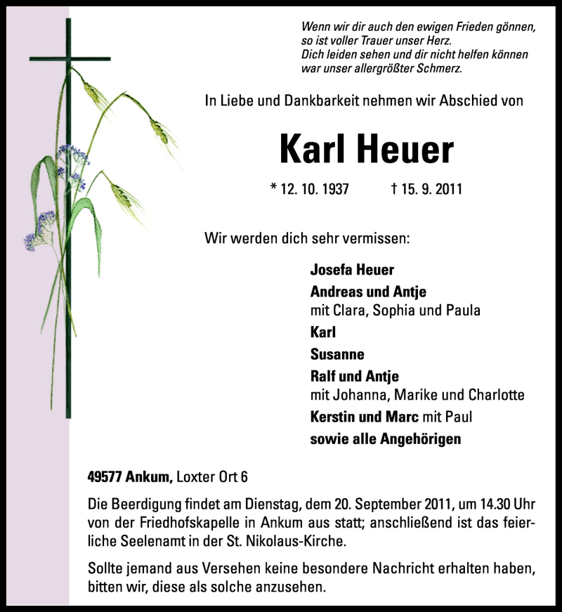  Traueranzeige für Karl Heuer vom 17.09.2011 aus Neue Osnabrücker Zeitung GmbH & Co. KG