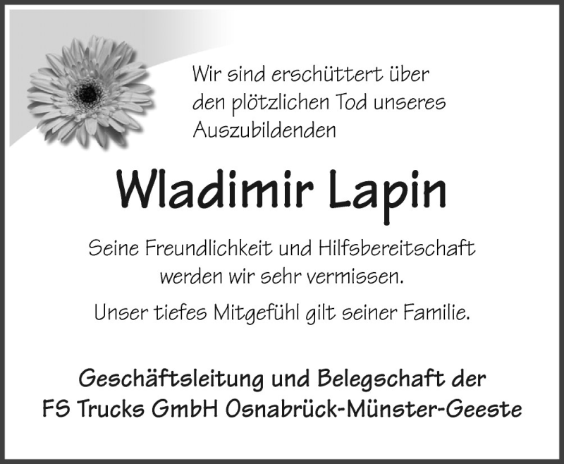  Traueranzeige für Wladimir Lapin vom 20.09.2011 aus Neue Osnabrücker Zeitung GmbH & Co. KG