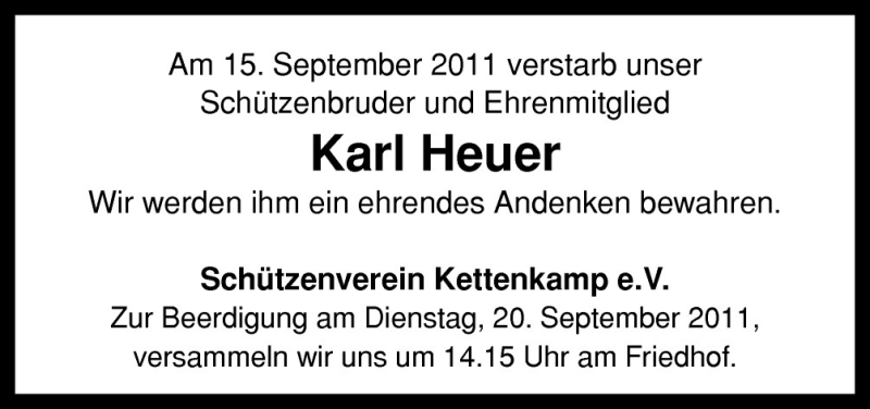  Traueranzeige für Karl Heuer vom 19.09.2011 aus Neue Osnabrücker Zeitung GmbH & Co. KG