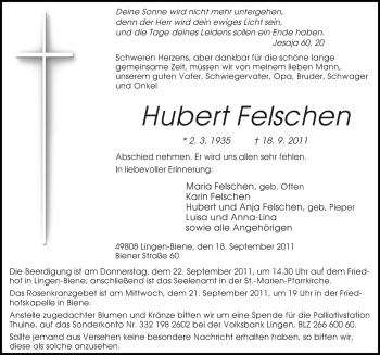 Traueranzeige von Hubert Felschen von Neue Osnabrücker Zeitung GmbH & Co. KG