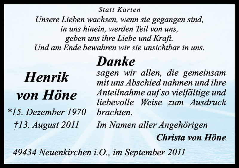  Traueranzeige für Henrik von Höne vom 20.09.2011 aus Neue Osnabrücker Zeitung GmbH & Co. KG