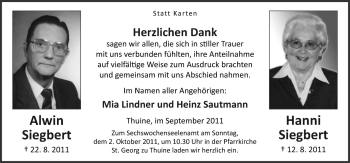 Traueranzeige von Alwin und Hanni Siegbert von Neue Osnabrücker Zeitung GmbH & Co. KG